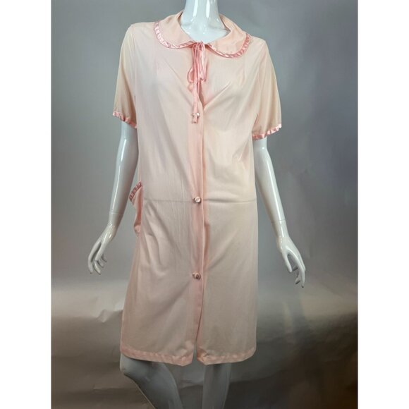 Vintage Sears Pink Nylon Short Sleeve Button-Front Nightgown With Satin Trim & P - Picture 1 of 16